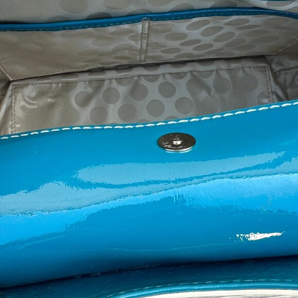 Unused Kate Spade Teal Patent Leather Satchel Bag Structured White Stitching - Picture 6 of 12